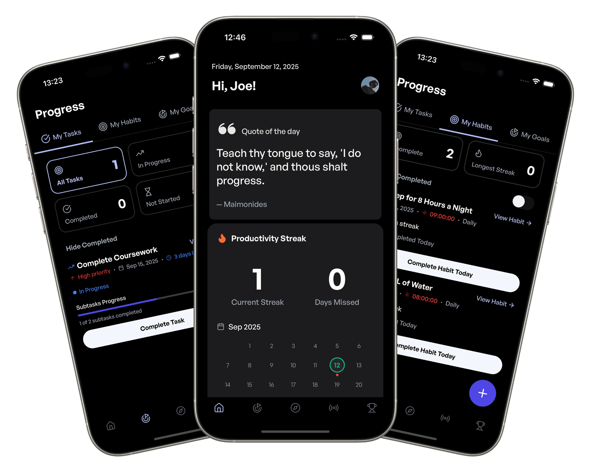 GLI app interface showing productivity streaks and goal tracking